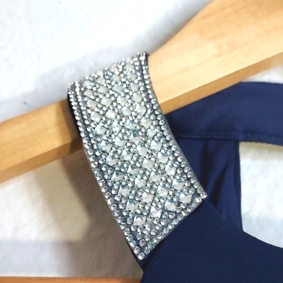 NEW My Michelle Rhinestone Dress Mesh Cutouts High Neck Halter Navy Blue Size 1 - Picture 5 of 16